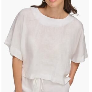 DKNY Pure White Linen Boxy Dolman Sleeve Cropped Hem Blouse Small